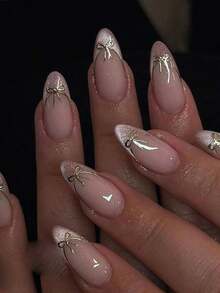 10pcs Handmade French Short Nail Stickers. This Manicure Set Includes 5 Colors: White, Pink, Gold, Blue, And Yellow, With A Charming And Design. Each Nail Sticker Is Decorated With Hand-Painted Vine Patterns That Wind Along Metallic French, And Are Embellished With Gold And Bow Accents. - Hồng 3 - Xem 2