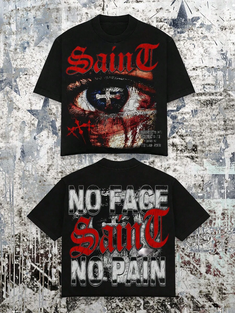 Double-Sided Printing (220 Cotton T-Shirt) Men's Y2K Tee - American Street Style! Street-Style T-Shirt With,Dark Punk&Metalcore Style T-Shirt Design, Short Sleeves Graphic Tee,Mens Clothes,Jersey, Loose Retro Fit, Suitable For Young Men To Wear Casually.Summer Clothes - màu đen - Xem 1