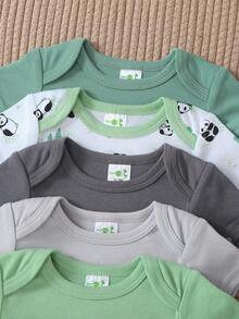 Set de 5 piezas/paquete de mamelucos con estampado de oso panda lindos para bebés niños, de manga corta y suaves - Verde - Ver 8