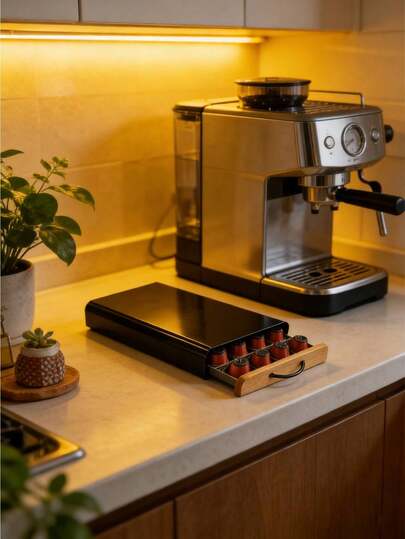 1 pieza Caja de almacenamiento a prueba de polvo para cápsulas de café con estilo de cajón, con 1 estante de cajón, puede contener hasta 40 cápsulas, color negro, adecuado para cafeterías, cocinas, dormitorios para organizar cápsulas de café