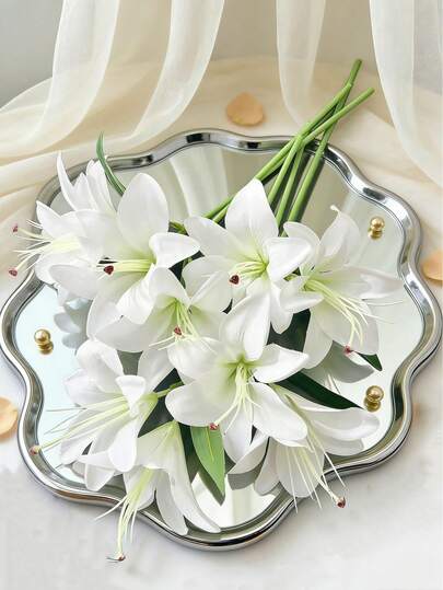 MEHELANY 12/1pc 34cm Artificial White Silk Lily Flower, Fake Floral Decor For Home Decoration, Wedding Bouquet, Birthday Party, Dining Table, Garden, Wedding Decoration, Bridal Bouquet, Silk Lily Fake Flower (Easily Squeezed And Recoverable)