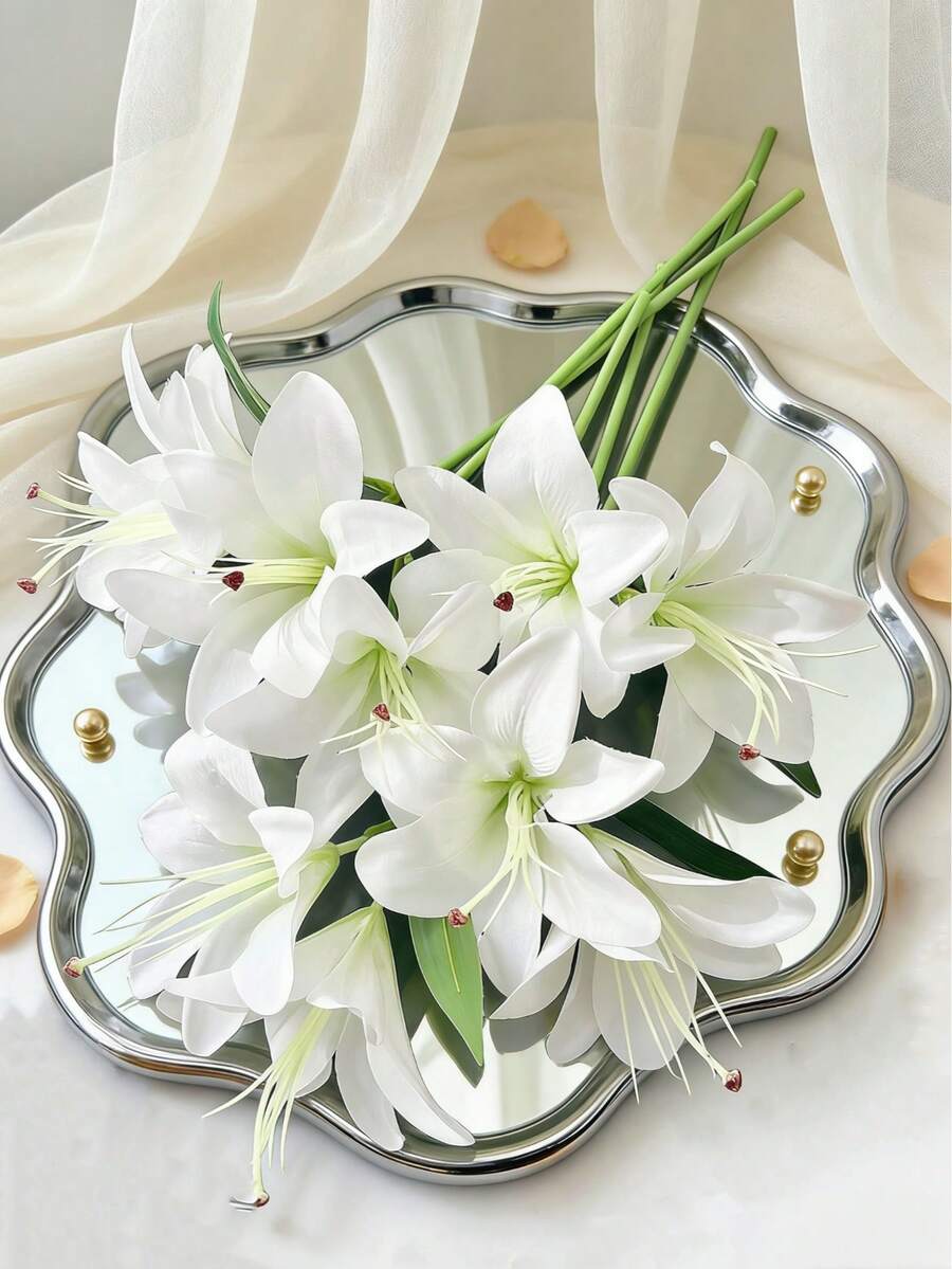 MEHELANY 12/1支 白色人造百合花 34cm 塑料仿真花,家居裝飾花束、DIY婚禮新娘禮物、生日派對用品、桌面裝飾、花園裝飾、婚禮花束、手持花束,秋季感恩節豐收季房間裝飾,易壓縮可恢復 - 白色 - 查看 1