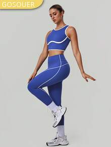 2 piezas Conjunto deportivo para mujer con bloques de color, sujetador deportivo con espalda descubierta de alta intensidad y leggings de yoga de cintura alta, ropa deportiva para todas las estaciones - Azul - Ver 8