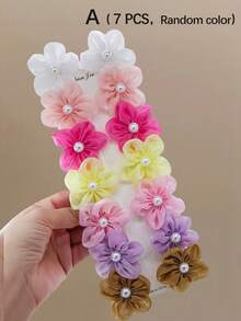 7/14 piezas Clips para el cabello de niña con flores 3D de perlas y malla colorida de primavera, accesorios de cabello elegantes y dulces con flores 3D, clips para el flequillo para volver a la escuela, verano, vacaciones, viajes, accesorios para la cabeza - Multicolor - Ver 8