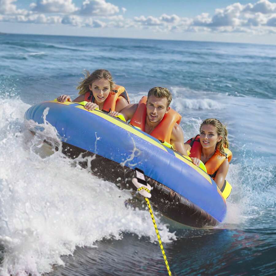 Towable Tube For Boating, 1-3 Riders Inflatable Towable Tube With Bumper Fins, 510 Lbs Water Sport Towable Tubes For Boats To Pull, Full Nylon Cover, EVA Grab Handles And Speed Saf Ety Valve - 62.2" X 65.4" X 14.4" - View 1
