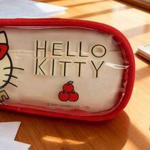 Miniso Sanrio Hello Kitty Red Double-Layer Storage Bag Cartoon Print & Transparent View Window Waterproof Durable Stationery Beauty Sundries Classification Pouch Daily/School/Business Trip Organizer(1 PC) - Red - View 5