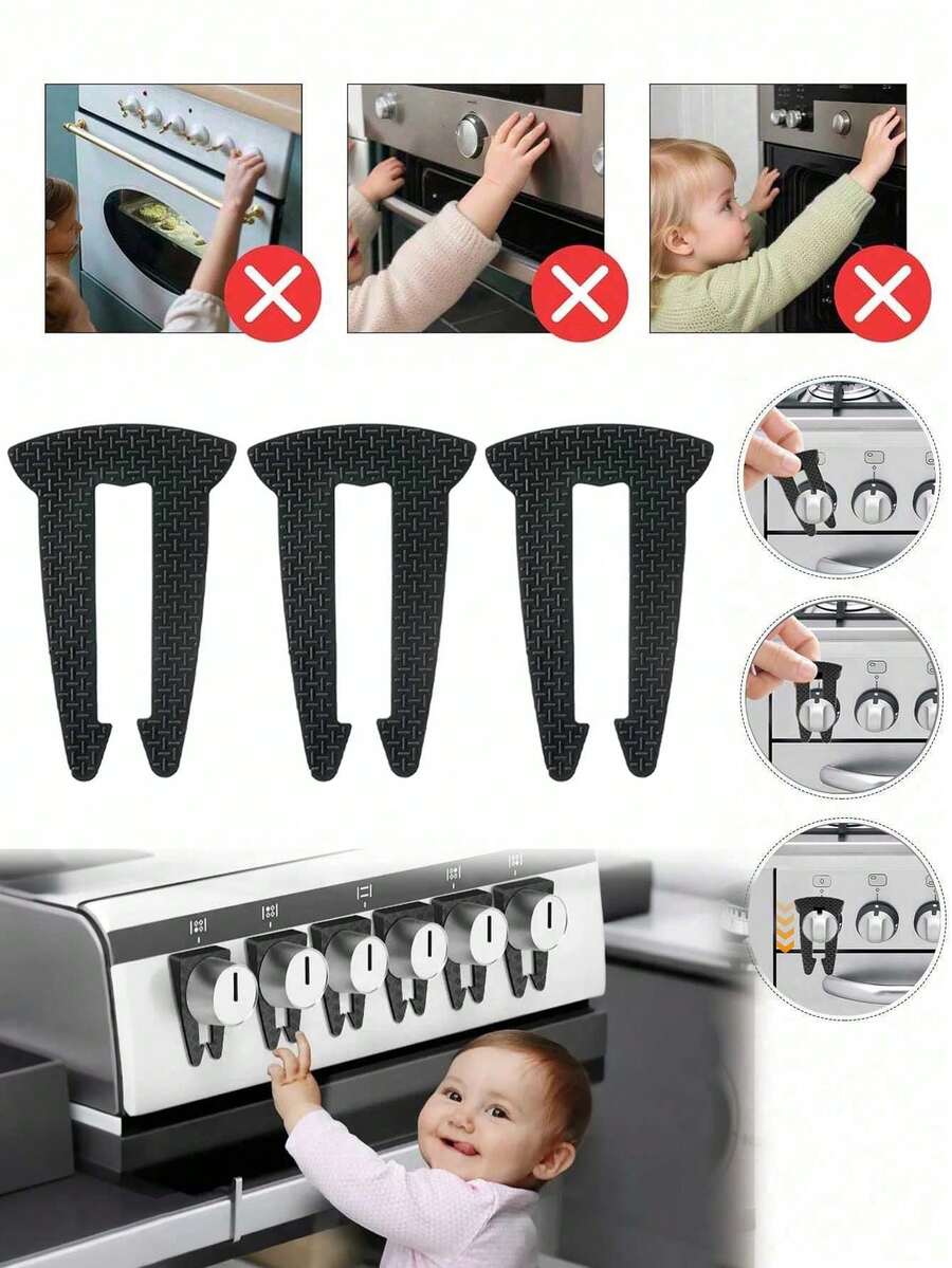 3个/1个 - 8.2厘米儿童安全燃气灶旋钮锁，燃气灶旋钮锁和烤箱旋钮锁，婴儿安全保护，带儿童安全旋钮锁的炉灶和烤箱防护罩，保护儿童和宠物，防止意外启动（黑色） - 黑色 - 查看 1