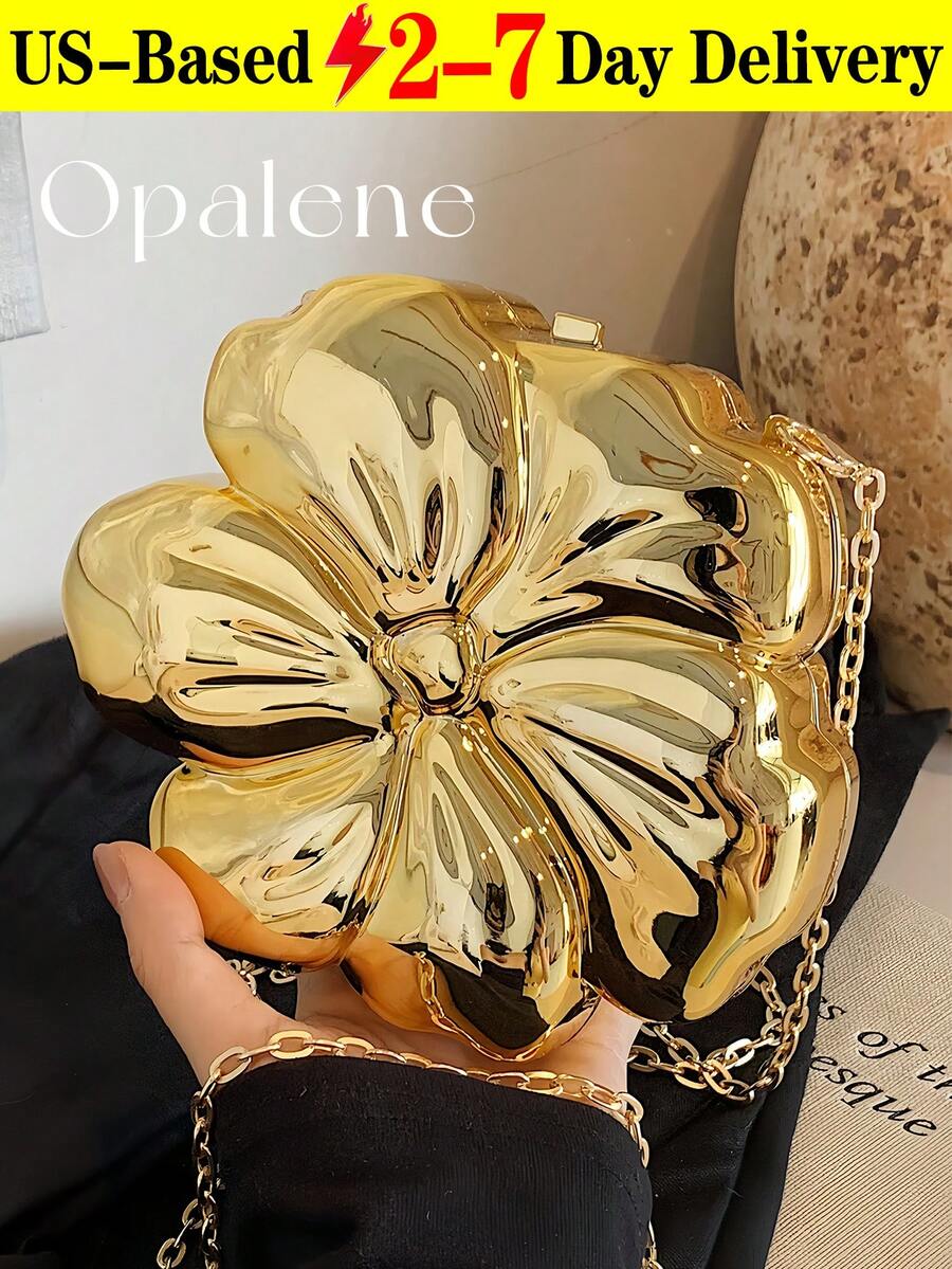 Women's Elegant Mini Flower Shaped Chain Crossbody Bag, Metallic Y2K Style Theme Party Shoulder Bag, Fashionable Novelty Shaped Bags, Versatile Small Mobile Phone Key Coin Purse, Portable Outdoor Travel Vacation Cosmetic Bags, Wear-Resistant Solid-Color Clutch Bag - 彩色 - 查看 1