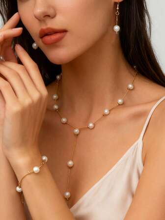 4pcs/Set Elegant Faux Pearl Jewelry Set, Includes Y-Necklace, Pearl Earrings And Bracelet, Suitable For Women's Daily Wear