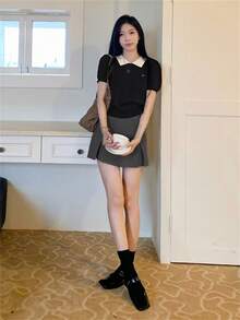 韩版夏季返校新款 Polo 领针织短袖 T 恤，女款撞色上衣黑色 - 黑色 - 查看 2