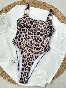 Women's Fashion Leopard Print One-Piece Swimsuit, With Asymmetrical Metal Ring Decoration, Elegant Suitable For Daily Beach Parties Vacation Summer - Leopard - View 2
