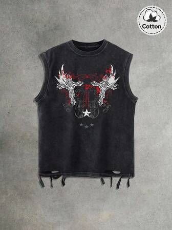 Regata masculina de verão com estampa gótica e rasgos, preta, com lavagem elástica, gola redonda, ideal para uso casual no dia a dia.