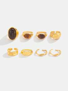 8件套奢华金属风格黄金宝石戒指套装，组合式开口叠戴戒指套装，独特设计学生配饰 - 彩色 - 查看 6