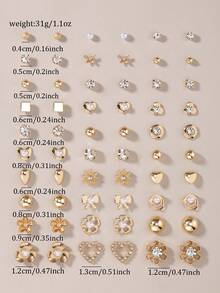 30 Pairs Assorted Metal Faux Pearl, Rhinestone, Bow, Flower, Square, Heart, Geometric Stud Earrings Set, Suitable For Everyday Casual And Work Wear - Yellow Gold - View 5