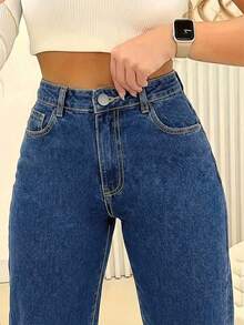 Quần jeans nữ ống đứng màu xanh nhạt, chất liệu denim mài, có túi, kiểu dáng thường ngày, thích hợp cho mùa xuân. - Rửa trung bình - Xem 2