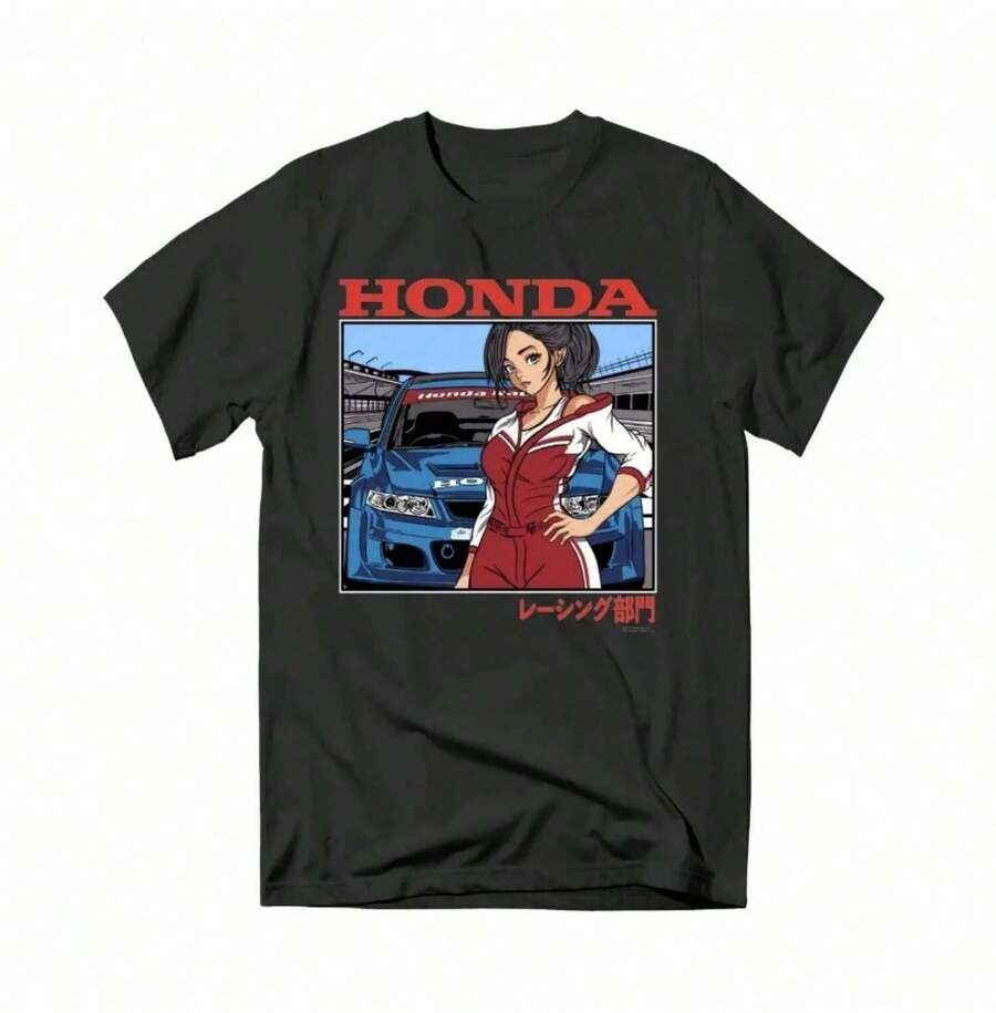 More Hondas Non-Winged Motorcycle T-Shirt Racing Men's T-Shirt Retro Motorcycle Series Printed Loose Neck Short Sleeve Hip Hop - 黑色 - 查看 1