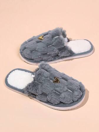 Women's Autumn/Winter Heart-Shaped Decor Soft Bottom Indoor Slippers, Lightweight, Comfortable, Plush Lining, Casual House Slippers