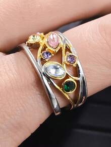 1 chiếc nhẫn đá thạch anh Tourmaline, trang sức thời trang nữ, nhẫn họa tiết hình học nhiều màu sắc đính đá Zirconia, nhẫn thiết kế đường lượn sóng, nhẫn hai tông màu đính đá Zirconia cho nữ, nhẫn đá thạch anh Tourmaline ion, nhẫn dẫn lưu bạch huyết. - Nhiều màu - Xem 17