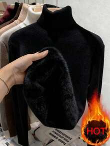 Franclia European Style All-Match Turtleneck Thick Velvet Slim Fit Warm Long Sleeve Knit Sweater, Versatile For Autumn/Winter Knit Pullover Fall Outfit - 黑色 - 查看 10