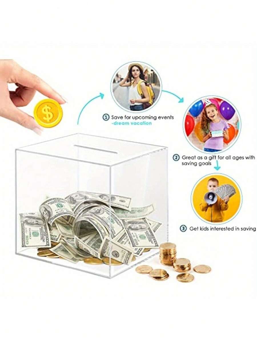1pc Transparent Acrylic Piggy Bank, 3L Capacity, Non-Openable Design; Must Be Destroyed To Access Contents, Suitable For All US Dollar Coins And Bills