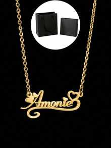 1pc Personalized Children Boys And Girls Simple Heart Lace DIY Name Stainless Steel Gold-Plating Necklace, Customized For Delicate Gift For Kids,Family As Well As Friends And Classmates High-End Gifts, Birthday Jewelry Family Holiday Gift For Mother On Mother Day, Baby Shower,Back To School Winter Gift Ideas Boy Girl Valentine's Da - Gold - View 6