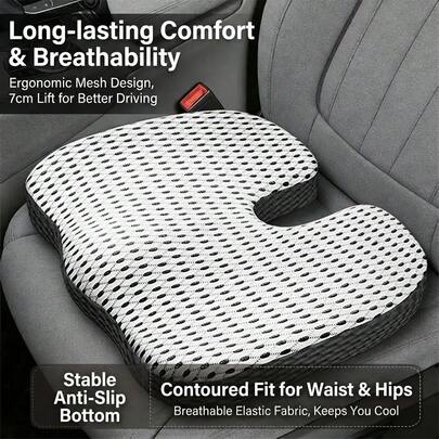 1pc Mesh Seat Cushion With Height Increase, U-Shaped Memory Foam Ergonomic Design, Anti-Slip, Suitable For Car Seat, Gift For Father/Boyfriend, Applicable For All Seasons