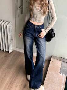 女士水洗深蓝色直筒休闲破洞牛仔裤 - 深藍色 - 查看 3