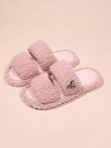 Pantuflas abiertas de plumón con decoración de corazón minimalista y elegante, suela suave y cómoda, ligera, adecuada para sala de estar y dormitorio, para todas las estaciones - Rosa - Ver 2