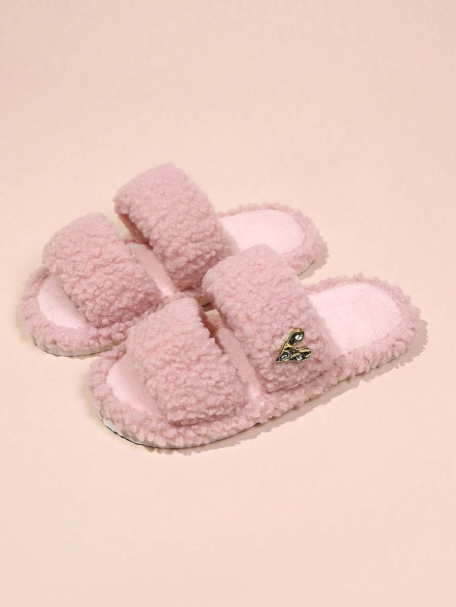 Pantuflas abiertas de plumón con decoración de corazón minimalista y elegante, suela suave y cómoda, ligera, adecuada para sala de estar y dormitorio, para todas las estaciones