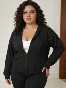 Plus Size Women Drawstring Hem Hooded Sports Jacket, Casual Everyday Full Zip Hoodie Sweatshirt, Outdoor Running Fitness Yoga Workout Top
