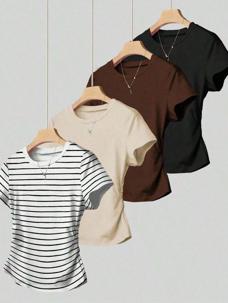 Camiseta de manga corta con pliegues casual para mujer, versátil para el verano - Negro 2 - Ver 1
