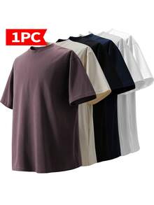 Blueplus Men's Pure Cotton T-Shirt, One-Piece Weight 220g, 100% Cotton, Comfortable To Wear, Very Suitable For Leisure Outing Or Outdoor Entertainment, Versatile,  Solid Color Short Sleeve, Pure Cotton Material | Skin-Friendly And Comfortable Holiday Gift, With A Certain Thickness, Suitable For Summer Wear - Màu tím - Xem 1