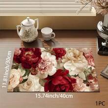 1 pieza Estera absorbente/secado con estampado floral de peonía para cafetera, platos - Estera protectora absorbente de poliéster para escritorio con almohadilla antideslizante de goma, para decoración de la encimera de la cocina, bar en casa y mesa de comedor - Multicolor - Ver 3