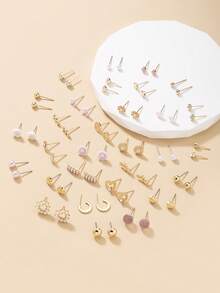 30对优雅简约耳环套装，包含可爱花朵、星星、心形金属和仿珍珠水钻耳环，适合日常休闲佩戴，也是送给女性的节日礼物。 - 彩色 - 查看 3