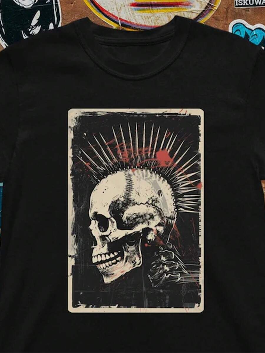 Punk Skull Mohawk T-Shirt: Edgy Cotton Unisex Tee - Black 5 - 查看 1