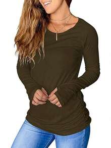 Women's Thumb Hole T-Shirt Long Sleeve Crew Neck Plain Shirts Casual Ruched Tee Tops - xanh quân đội - Xem 4