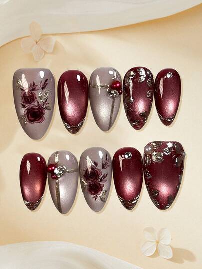 10片金色镀铬手工美甲贴片，中号杏仁形按压式亚克力美甲，DIY猫眼3D美甲套装，Y2K花卉装饰，带珠子/钻石配件，适用于美甲沙龙、女孩和女士美甲用品、节日派对和礼品