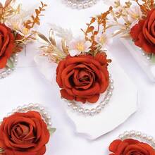 Meldel Burnt Orange Wrist Corsage And Boutonniere Set, Flower On Wrist For Bride Bridesmaid Wedding, Boutonniere For Men Groom Groomsman Wedding Accessories Prom Party Suit Decorations,WristCorsageandBoutonniereSet-Orange - 腕花和胸花套裝 - 橘色 - 查看 9