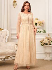Plus Size Beaded & Sequin Trim Maxi Formal Evening Gown - Apricot - View 5
