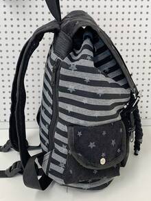 Fashionable Colorblock Striped Embroidered Cat Design Adjustable Strap Backpack, Versatile For School, Casual, Travel, Unisex Backpack, Retro Japanese College Style Cat Embroidery Rucksack - Black - View 7