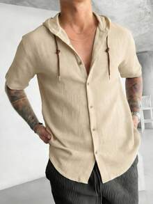 GRDR 男士休闲连帽短袖衬衫 | 精致设计 | 夏季必备 | 时尚百搭，展现您的风格 - 杏色 - 查看 4