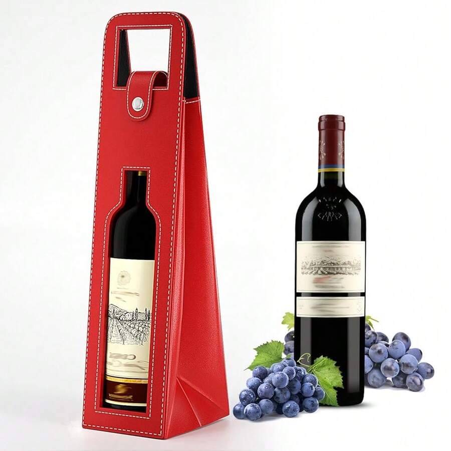 ROSTELACK Leather Wine Gift Bag 16.1x3.5x3.5 In, Wines Gifts Tote Bag, Reusable Metal Clasp Gift Wine Bag, Portable Wines Protector For Parties, Birthdays, Weddings, Father'S Day And Various Holidays,RED-LK - RED-LK - 查看 1