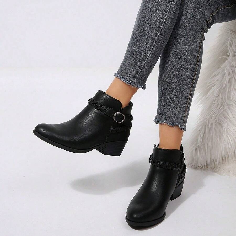 Women's Ankle Boots With Low Chunky Heel – Round Toe Wide Width Short Booties With Side Zipper For Comfort & Everyday Wear - Pu đen - Xem 1