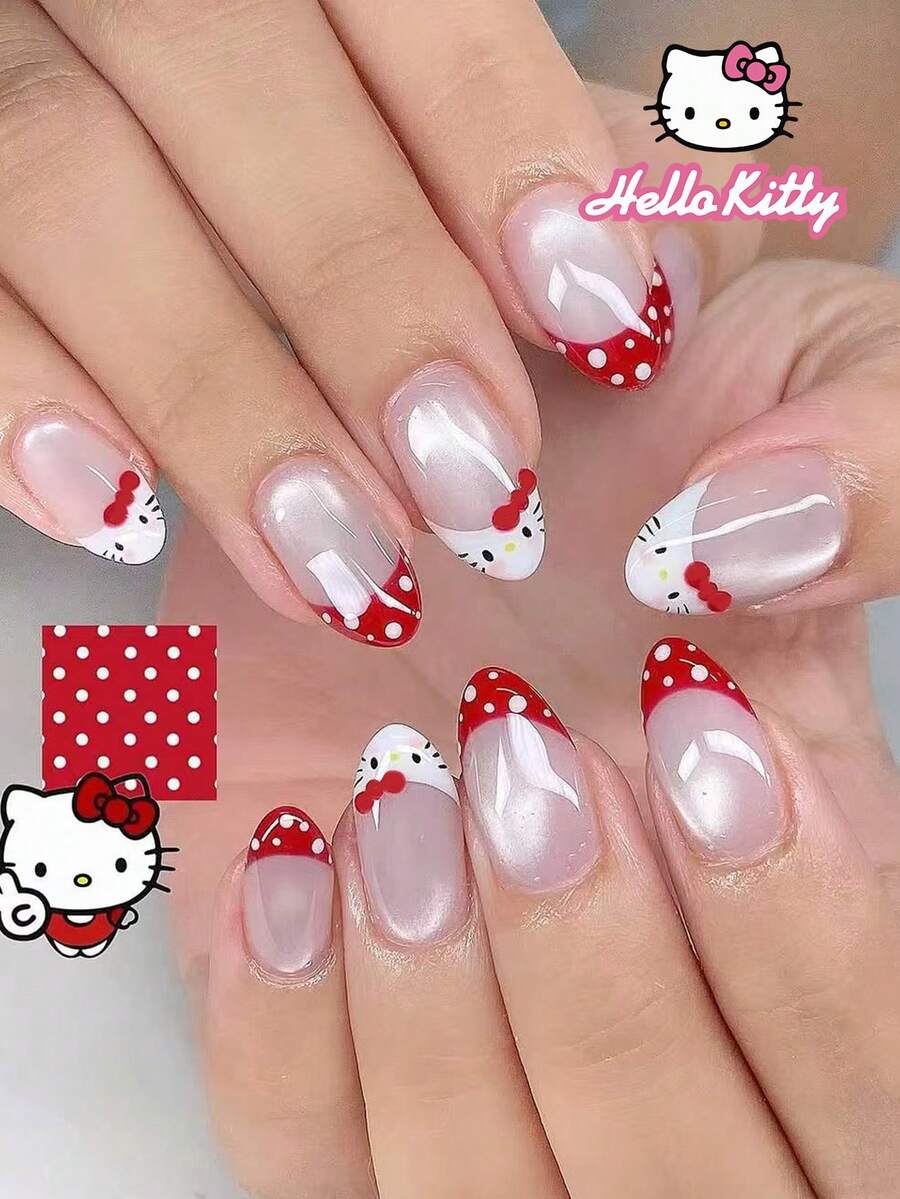 SANRIO Bộ 24 miếng dán móng tay hình bầu dục chấm bi đỏ kiểu mắt mèo Pháp, kèm nơ trang trí dễ thương, phù hợp cho nữ sử dụng hàng ngày và dự tiệc. Đi kèm 1 lọ keo và 1 dũa móng, hoàn hảo cho móng giả acrylic. - Nhiều màu - Xem 1