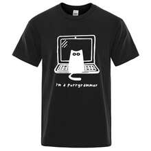 2026 Camiseta de Hombre Alta Calidad 100% Algodón Gato Programador Divertido Impreso Verano Casual Suelta Camiseta de Gato Genial para Hombre Cuello Redondo Top Masculino - Negro - Ver 1
