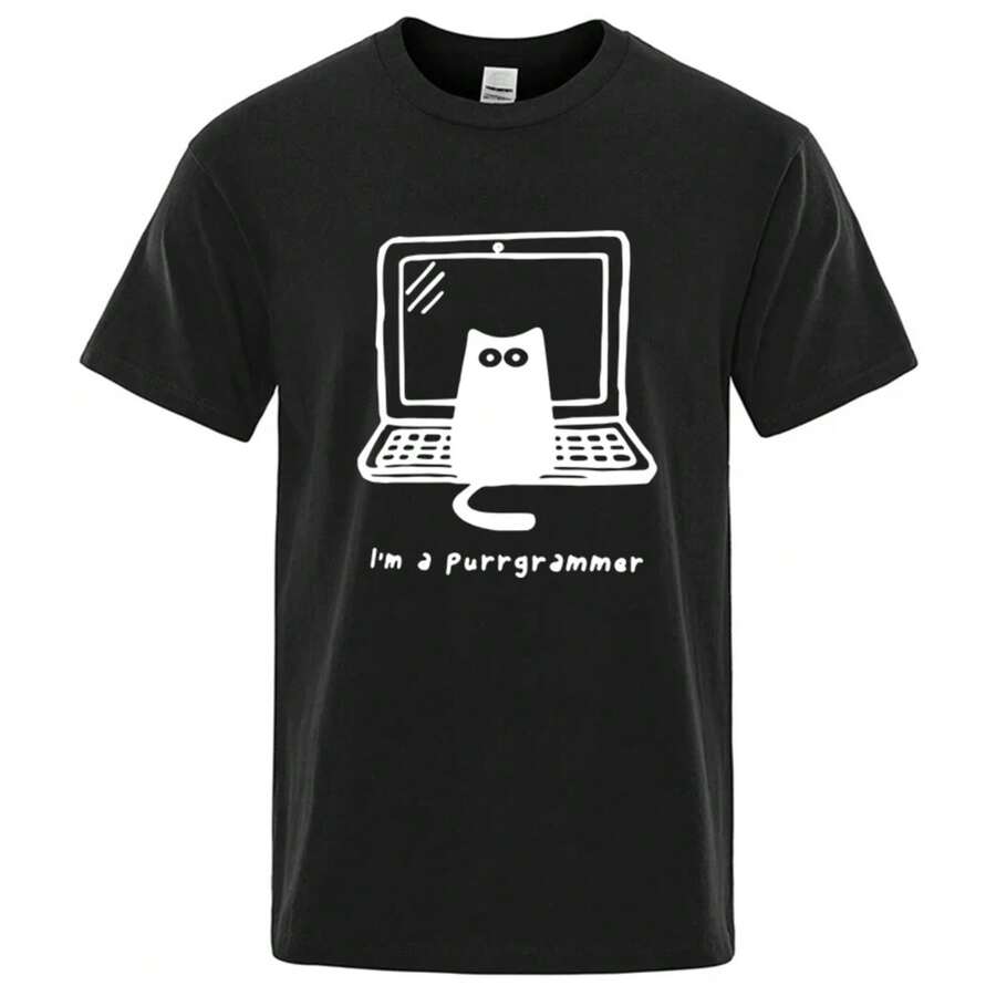 2026 Camiseta de Hombre Alta Calidad 100% Algodón Gato Programador Divertido Impreso Verano Casual Suelta Camiseta de Gato Genial para Hombre Cuello Redondo Top Masculino - Negro - Ver 1