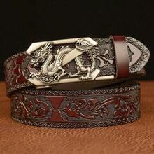 Multicolored Western Cowboy Genuine Leather Belt - V Buckle Dragon Pattern Automatic Buckle Belt Men Fashion Retro Waist Strap Decoration Floral Engraved For Jeans Belt - 樣式類型4 - 查看 8