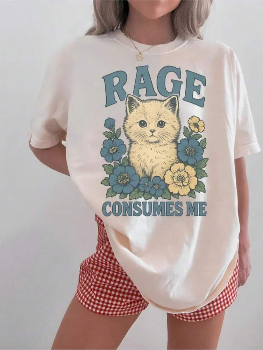 Cat Meme Shirt - Funny Cat Comfort  T-Shirt, Kitten Weirdcore T Shirt, Rage Consumes Me, Sarcastic Graphic Tee, Shirt-Funny Cat Lady - trắng - Xem 1