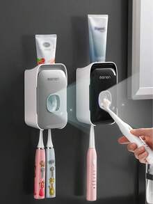 Random Style Automatic Wall-Mounted Toothbrush Holder, Waterproof, Slouchy Toothpaste Dispenser, Suitable For Toothpaste And Toothbrush, Home Bathroom - Grey - View 1