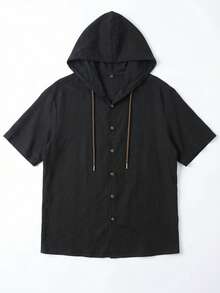 GRDR 男士休闲棉麻连帽短袖衬衫 | 精致设计 | 夏季必备 | 时尚百搭，展现您的风格 - 黑色 - 查看 7